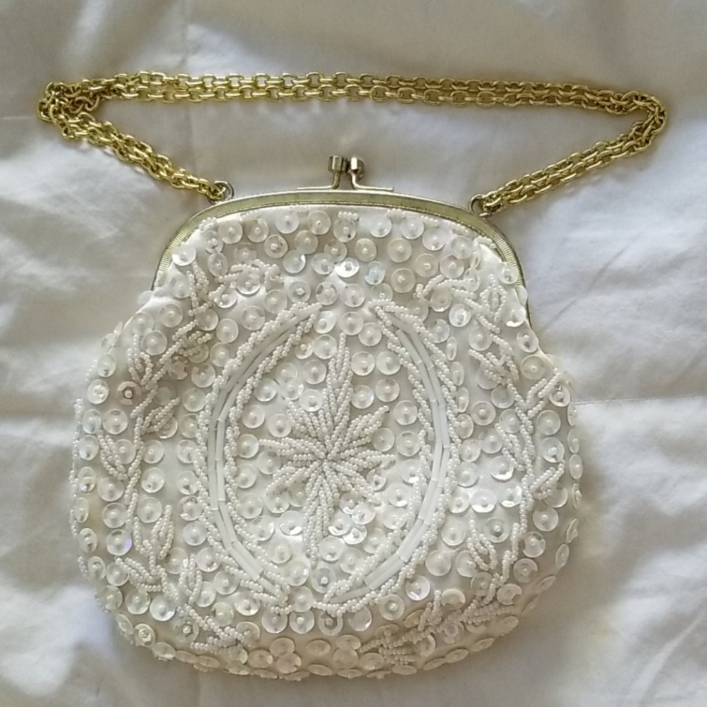 Vintage White Beaded Clutch